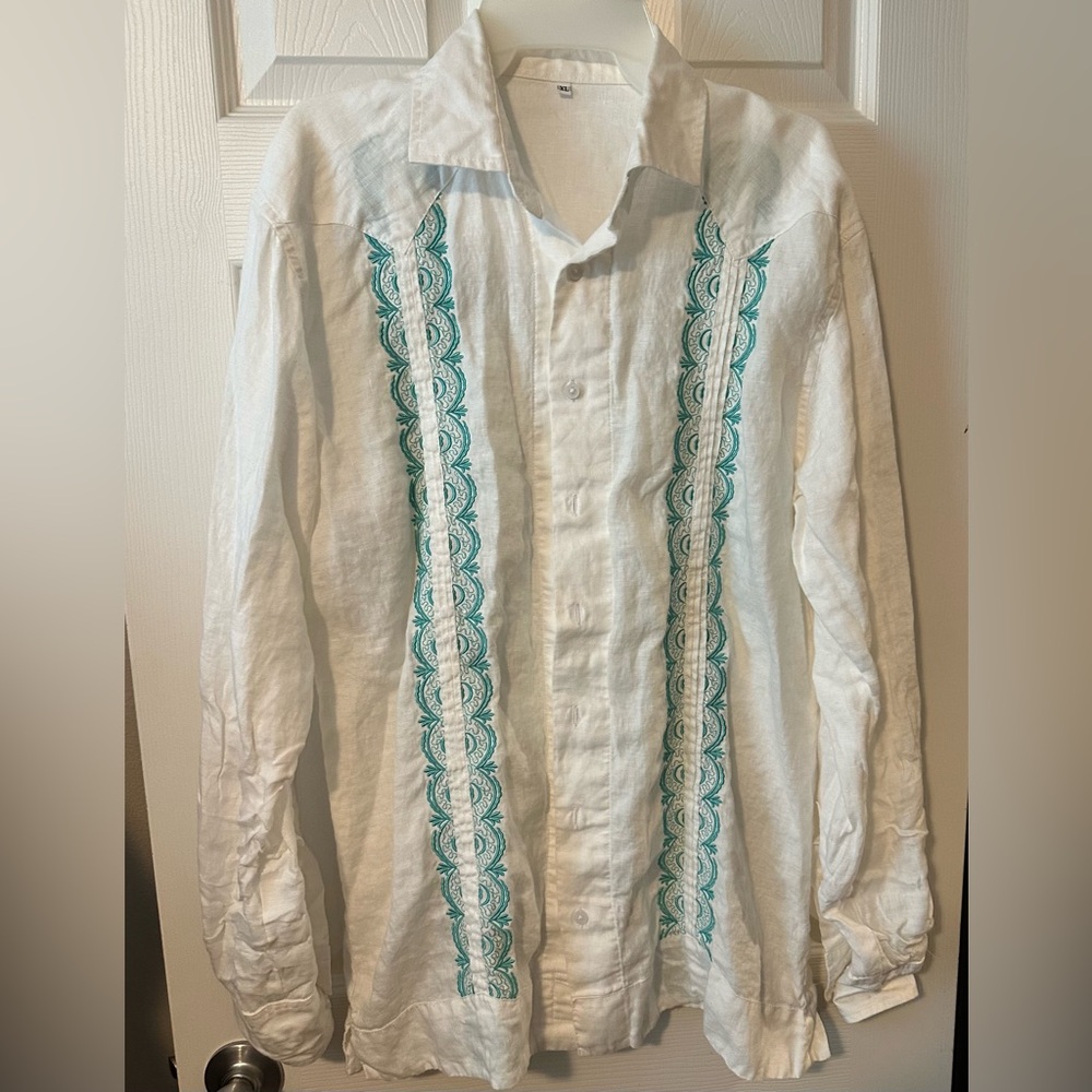 White Shirt with Teal Embroidery